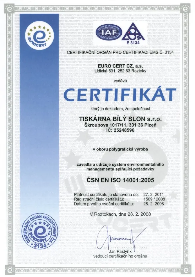 Certifikát v oboru polygrafická výroba - enviromentální výroba