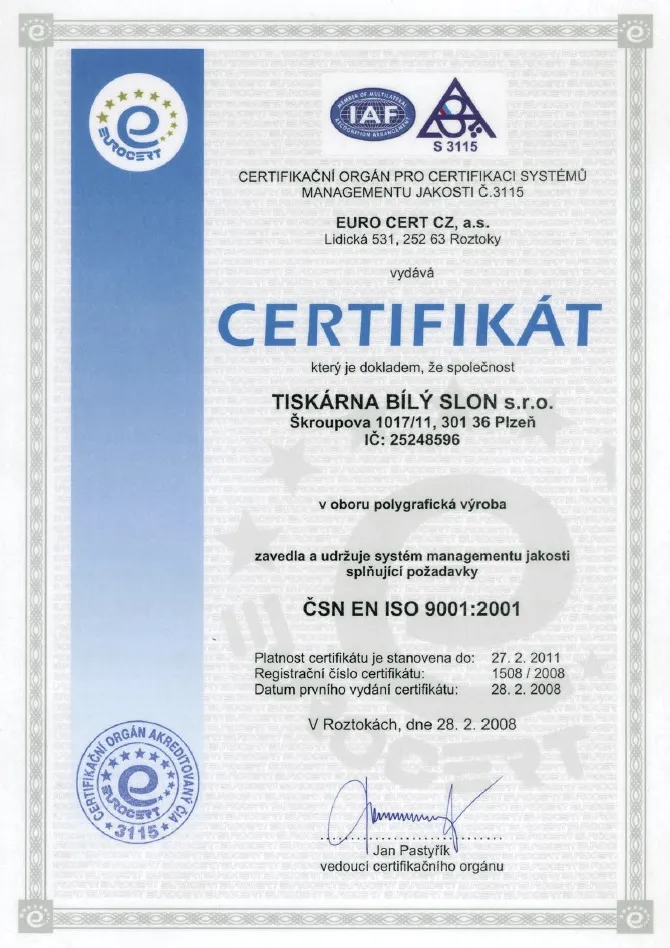 Certifikát v oboru polygrafická výroba - management jakosti